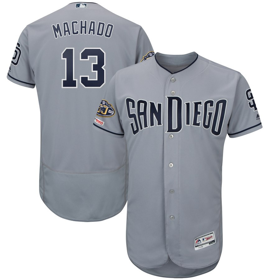 Padres 13 Manny Machado Gray 50th Anniversary And 150th Patch FlexBase Jersey Padres 13 Manny Machado Gray 50th Anniversary And 150th Patch FlexBase Jersey