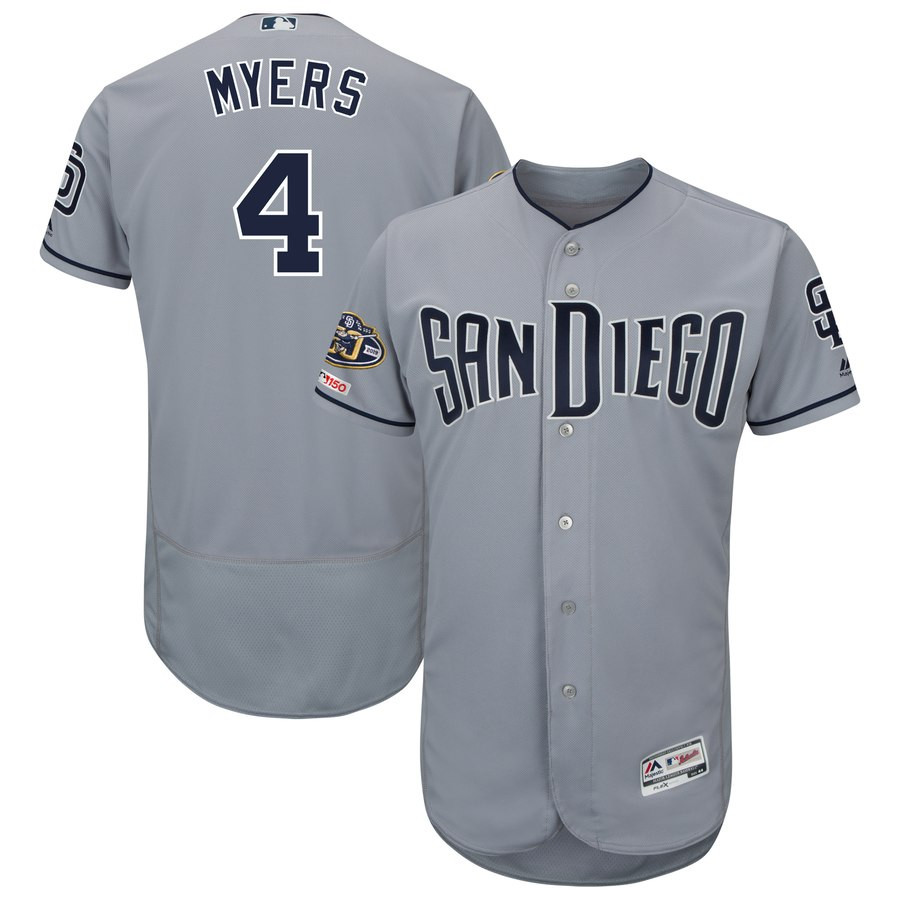 Padres 4 Wil Meyers Gray 50th Anniversary And 150th Patch FlexBase Jersey Padres 4 Wil Meyers Gray 50th Anniversary And 150th Patch FlexBase Jersey