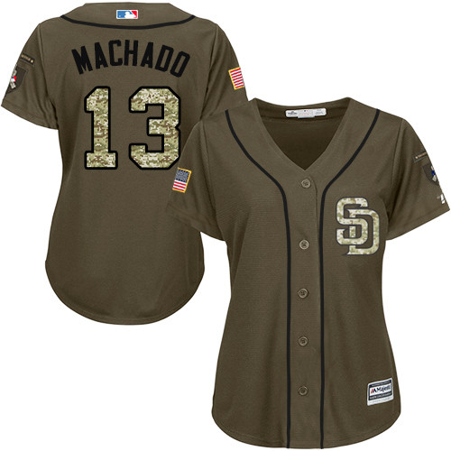 Padres #13 Manny Machado Green Salute to Service Women's Stitched Baseball Jersey Padres #13 Manny Machado Green Salute to Service Women's Stitched Baseball Jersey