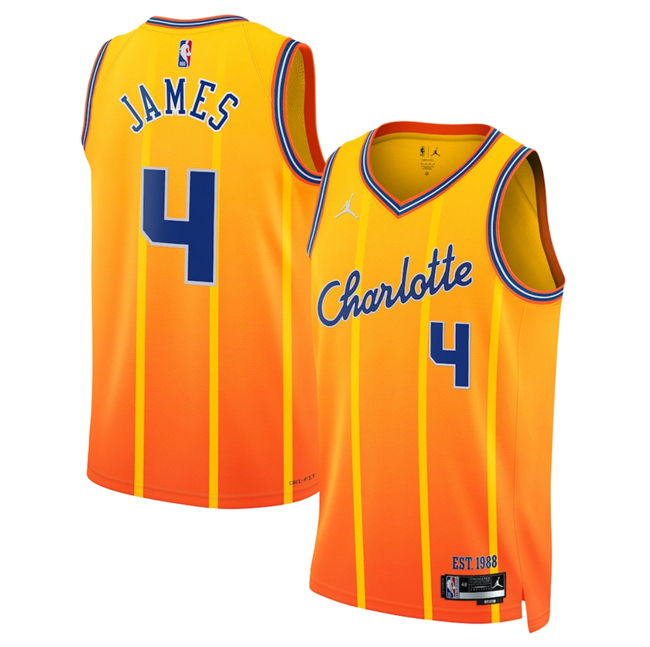 Men's Charlotte Hornets #4 Sion James Orange 2025 26 City Edition Stitched Basketball Jersey