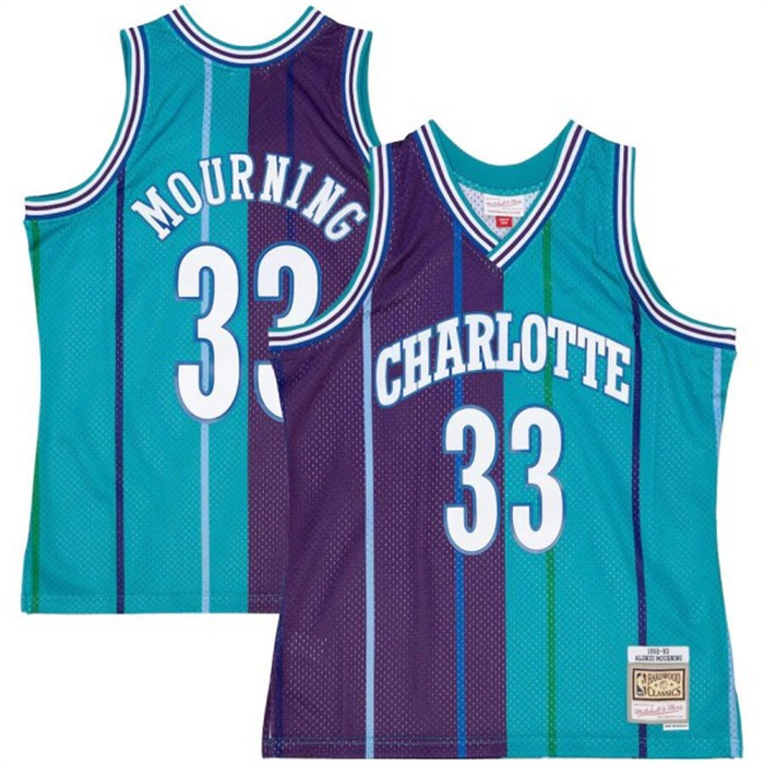 Men's Charlotte Hornets #33 Alonzo Mourning Teal Purple Split 1992-93 Mitchell & Ness Swingman Stitched Jersey Men's Charlotte Hornets #33 Alonzo Mourning Teal Purple Split 1992-93 Mitchell & Ness Swingman Stitched Jersey