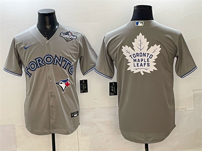 Men's Toronto Blue Jays & Leafs Grey 2025 World Series With White Leafs Logo Cool Base Stitched Baseball Jersey Men's Toronto Blue Jays & Leafs Grey 2025 World Series With White Leafs Logo Cool Base Stitched Baseball Jersey