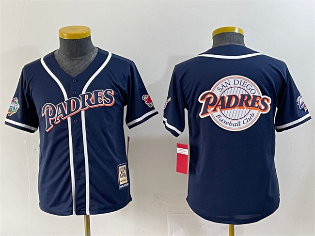 Youth San Diego Padres Team Big Logo Navy Throwback With Patch Stitched Baseball Jersey 1
