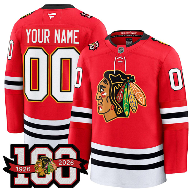 Men's Chicago Blackhawks Active Player Custom Red 2025 Home 100th Anniversary Stitched Hockey Jersey