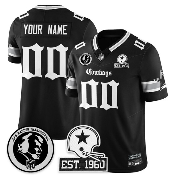 Men's Dallas Cowboys Active Player Custom Black 2025 F.U.S.E. With John Madden Patch & Established In 1960 Patch Vapor Limited Stitched Football Jersey Men's Dallas Cowboys Active Player Custom Black 2025 F.U.S.E. With John Madden Patch & Established In 1960 Patch Vapor Limited Stitched Football Jersey