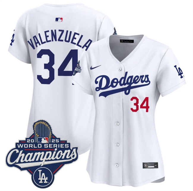 Women's Los Angeles Dodgers #34 Fernando Valenzuela White 2025 World Series Champions Home Cool Base Stitched Baseball Jersey(Run Small)