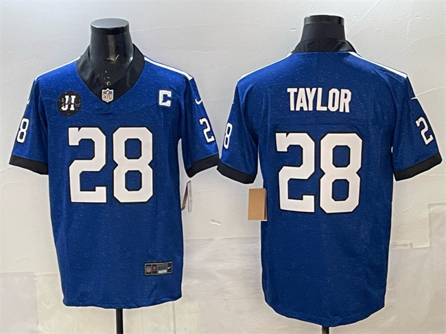 Men's Indianapolis Colts #28 Jonathan Taylor Blue 2025 F.U.S.E. Jim Irsay Patch Throwback Vapor Limited Stitched Football Jersey Men's Indianapolis Colts #28 Jonathan Taylor Blue 2025 F.U.S.E. Jim Irsay Patch Throwback Vapor Limited Stitched Football Jersey