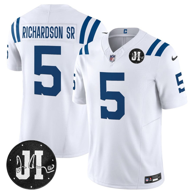 Men's Indianapolis Colts #5 Anthony Richardson White 2025 F.U.S.E. Jim Irsay Patch Vapor Limited Stitched Football Jersey Men's Indianapolis Colts #5 Anthony Richardson White 2025 F.U.S.E. Jim Irsay Patch Vapor Limited Stitched Football Jersey