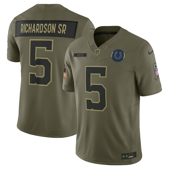 Men's Indianapolis Colts #5 Anthony Richardson Olive 2025 Salute to Service Limited Stitched Football Jersey Men's Indianapolis Colts #5 Anthony Richardson Olive 2025 Salute to Service Limited Stitched Football Jersey
