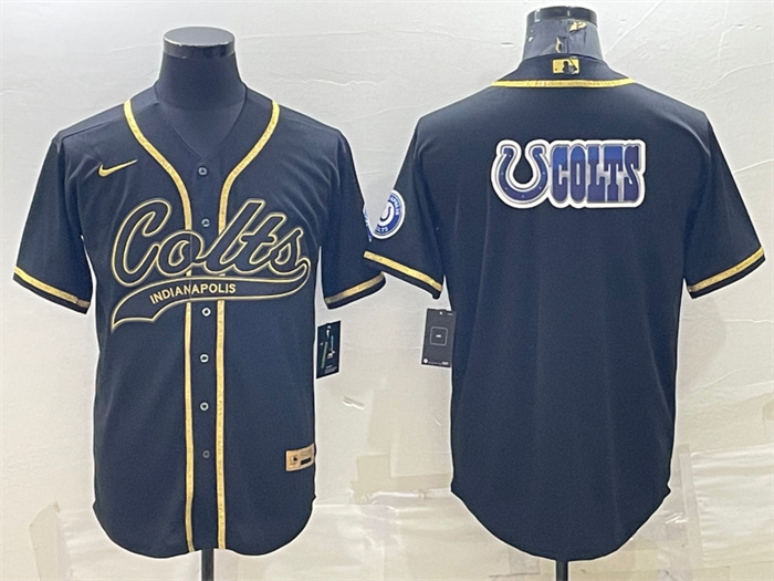 Men's Indianapolis Colts Black Gold Team Big Logo With Patch Cool Base Stitched Baseball Jersey Men's Indianapolis Colts Black Gold Team Big Logo With Patch Cool Base Stitched Baseball Jersey