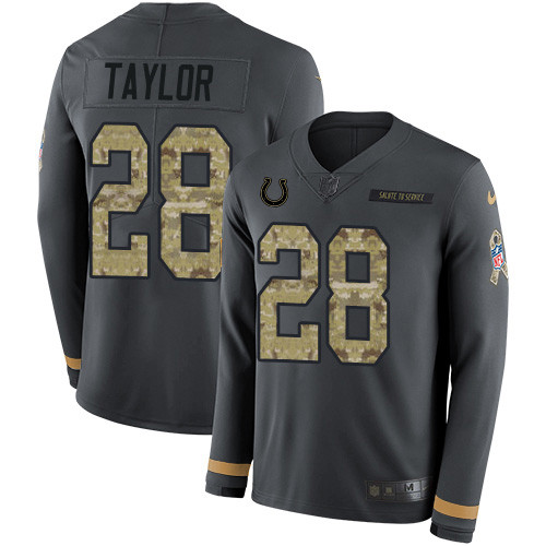 Nike Colts #28 Jonathan Taylor Anthracite Salute to Service Men's Stitched NFL Limited Therma Long Sleeve Jersey Nike Colts #28 Jonathan Taylor Anthracite Salute to Service Men's Stitched NFL Limited Therma Long Sleeve Jersey
