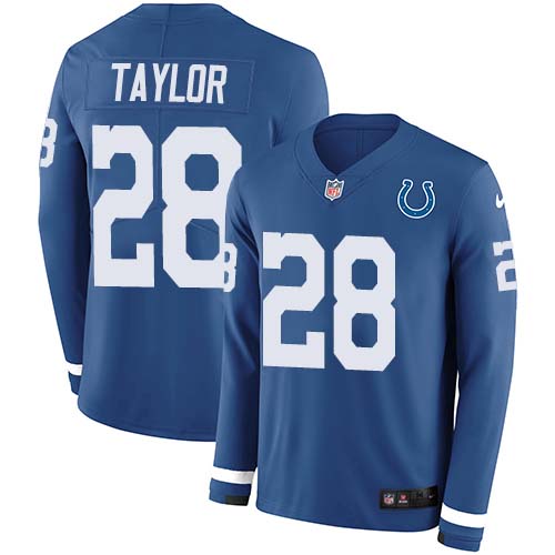 Nike Colts #28 Jonathan Taylor Royal Blue Team Color Men's Stitched NFL Limited Therma Long Sleeve Jersey Nike Colts #28 Jonathan Taylor Royal Blue Team Color Men's Stitched NFL Limited Therma Long Sleeve Jersey