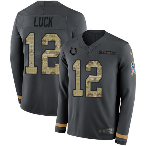 Nike Colts #12 Andrew Luck Anthracite Salute to Service Men's Stitched NFL Limited Therma Long Sleeve Jersey Nike Colts #12 Andrew Luck Anthracite Salute to Service Men's Stitched NFL Limited Therma Long Sleeve Jersey