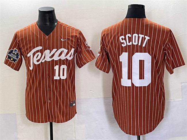Men's Texas Longhorns #10 Mia Scott Orange Pinstripe 2025 World Series & SEC Patch Stitched Jersey Men's Texas Longhorns #10 Mia Scott Orange Pinstripe 2025 World Series & SEC Patch Stitched Jersey