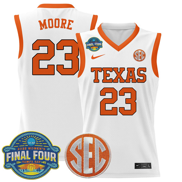 Men's Texas Longhorns #23 Aaliyah Moore White 2025 Sec Women’s Final Four Patch Stitched Basketball Jersey Men's Texas Longhorns #23 Aaliyah Moore White 2025 Sec Women’s Final Four Patch Stitched Basketball Jersey