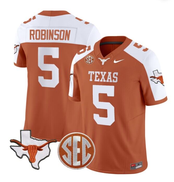 Men's Texas Longhorns #5 Bijan Robinson Orange F.U.S.E. State Map & SEC Patch Stitched Jersey Men's Texas Longhorns #5 Bijan Robinson Orange F.U.S.E. State Map & SEC Patch Stitched Jersey