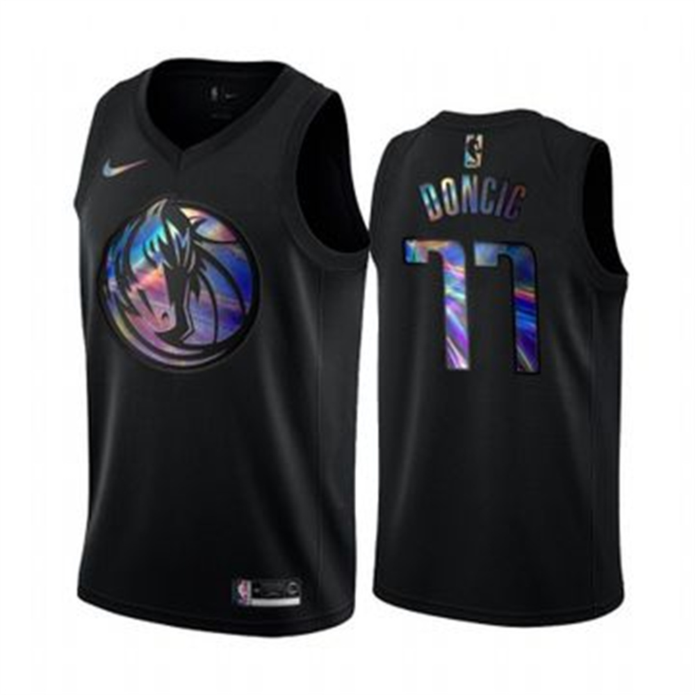 Nike Mavericks #77 Luka Doncic Men's Iridescent Holographic Collection NBA Jersey - Black Nike Mavericks #77 Luka Doncic Men's Iridescent Holographic Collection NBA Jersey - Black