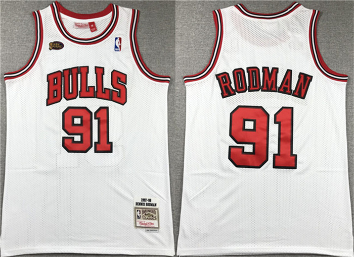 Men's Chicago Bulls #91 Dennis Rodman White 1997-98 Stitched Basketball Jersey Men's Chicago Bulls #91 Dennis Rodman White 1997-98 Stitched Basketball Jersey