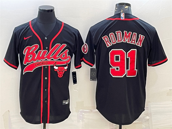 Men's Chicago Bulls #91 Dennis Rodman Black Cool Base Stitched Baseball JerseyS Men's Chicago Bulls #91 Dennis Rodman Black Cool Base Stitched Baseball JerseyS