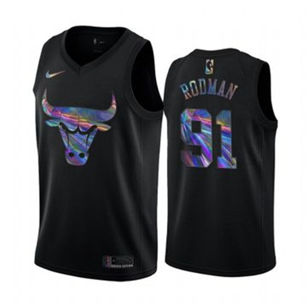 Nike Bulls #91 Dennis Rodman Men's Iridescent Holographic Collection NBA Jersey - Black Nike Bulls #91 Dennis Rodman Men's Iridescent Holographic Collection NBA Jersey - Black