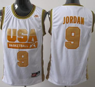 Chicago Bulls Olympic USA 9 Jordan White Basketball Jersey Yellow Number