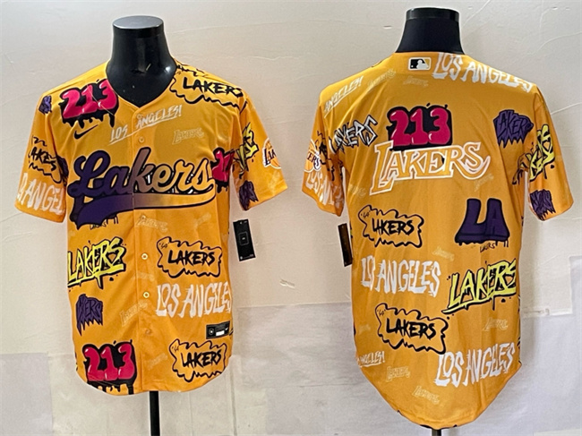 Men's Los Angeles Lakers Team Big Logo Yellow Limited Stitched Baseball Jersey 1