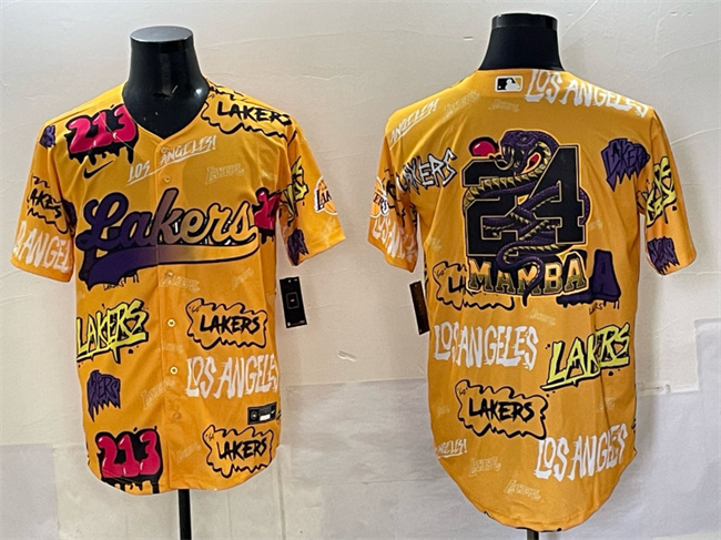 Men's Los Angeles Lakers Team Big Logo Yellow Limited Stitched Baseball Jersey