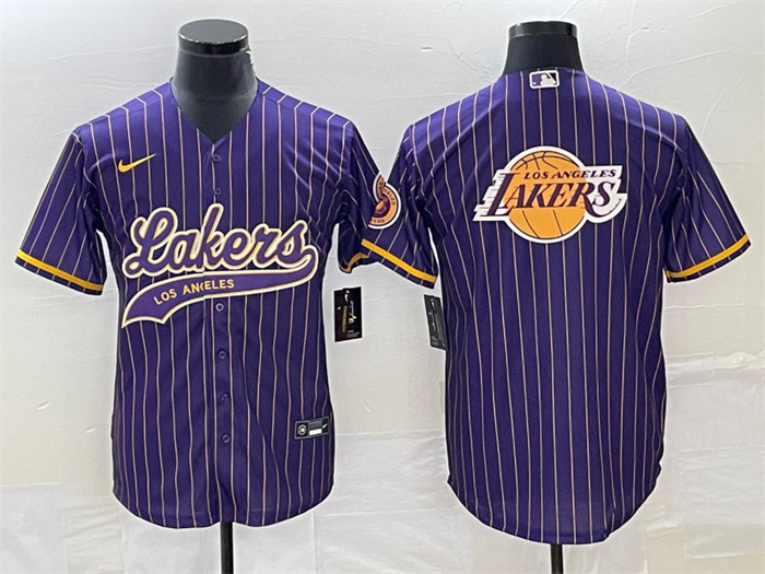 Men's Los Angeles Lakers Team Big Logo Purple Cool Base With Patch Stitched Baseball JerseyS Men's Los Angeles Lakers Team Big Logo Purple Cool Base With Patch Stitched Baseball JerseyS