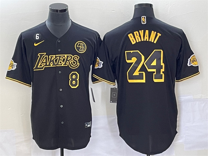 Men's Los Angeles Lakers Front #8 Back #24 Kobe Bryant With NO.6 And KB Patch Black Cool Base Stitched Baseball Jersey Men's Los Angeles Lakers Front #8 Back #24 Kobe Bryant With NO.6 And KB Patch Black Cool Base Stitched Baseball Jersey