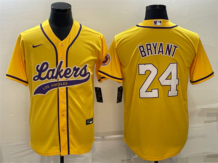 Men's Los Angeles Lakers #24 Kobe Bryant Yellow Cool Base Stitched Baseball Jersey Men's Los Angeles Lakers #24 Kobe Bryant Yellow Cool Base Stitched Baseball Jersey