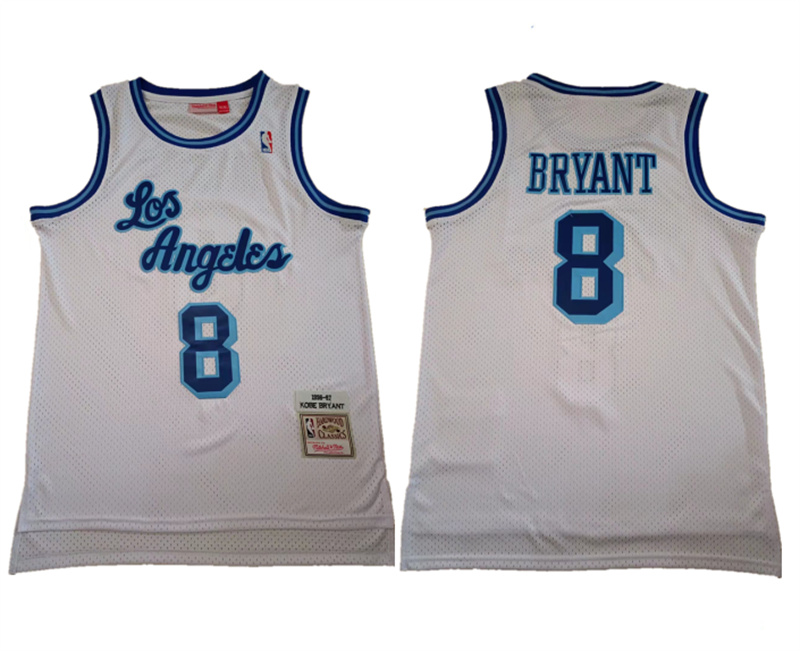 Men's Los Angeles Lakers #8 Kobe Bryant White 1996-97 Hardwood Classics Throwback Stitched Jersey Men's Los Angeles Lakers #8 Kobe Bryant White 1996-97 Hardwood Classics Throwback Stitched Jersey