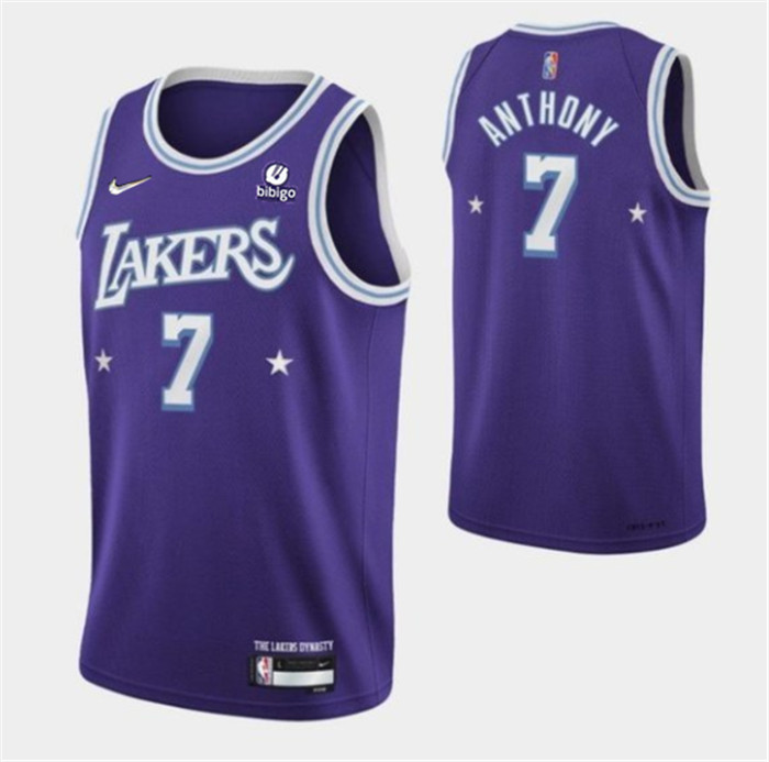 Men's Los Angeles Lakers #7 Carmelo Anthony Purple 2021 City Edition 75th Anniversary Stitched Jersey Men's Los Angeles Lakers #7 Carmelo Anthony Purple 2021 City Edition 75th Anniversary Stitched Jersey