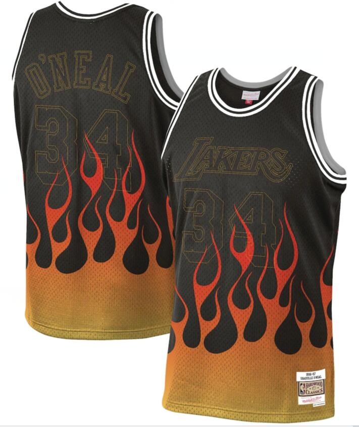 Lakers 34 Shaquille O'Neal Black 1996-97 Hardwood Classics Flames Swingman Jersey Lakers 34 Shaquille O'Neal Black 1996-97 Hardwood Classics Flames Swingman Jersey