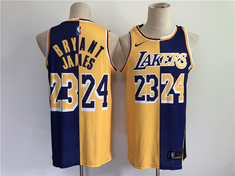 Men Los Angeles Lakers 24 Bryant 23 james purple yellow split special 2021 nike nba jersey Men Los Angeles Lakers 24 Bryant 23 james purple yellow split special 2021 nike nba jersey