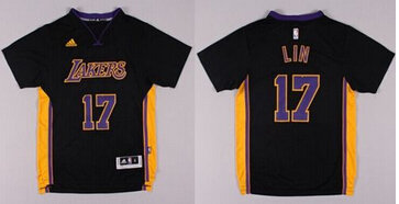 Revolution Lakers #17 Jeremy Lin Black(Purple NO.) Stitched NBA Jersey
