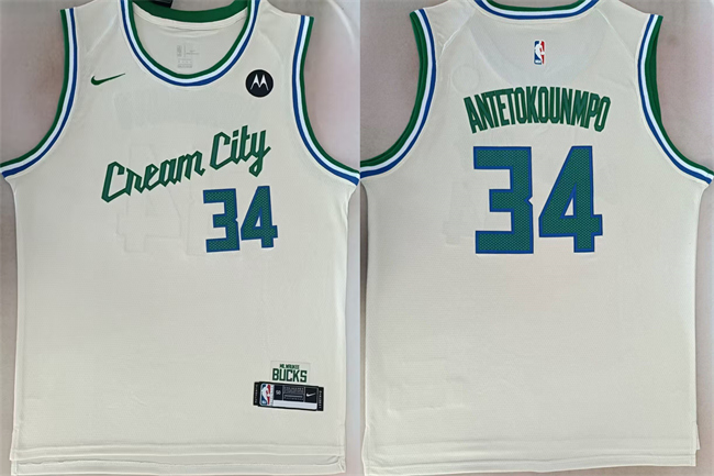 Men's Milwaukee Bucks #34 Giannis Antetokounmpo Cream 2024-25 City Edition Stitched Basketball Jersey Men's Milwaukee Bucks #34 Giannis Antetokounmpo Cream 2024-25 City Edition Stitched Basketball Jersey