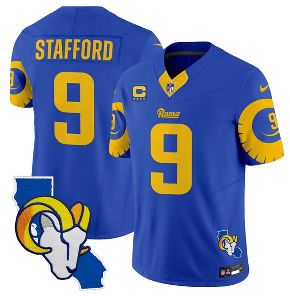 Men's Los Angeles Rams #9 Matthew Stafford Royal 2025 4-Star C Patch F.U.S.E. V2 Limited Stitched Football Jersey Men's Los Angeles Rams #9 Matthew Stafford Royal 2025 4-Star C Patch F.U.S.E. V2 Limited Stitched Football Jersey