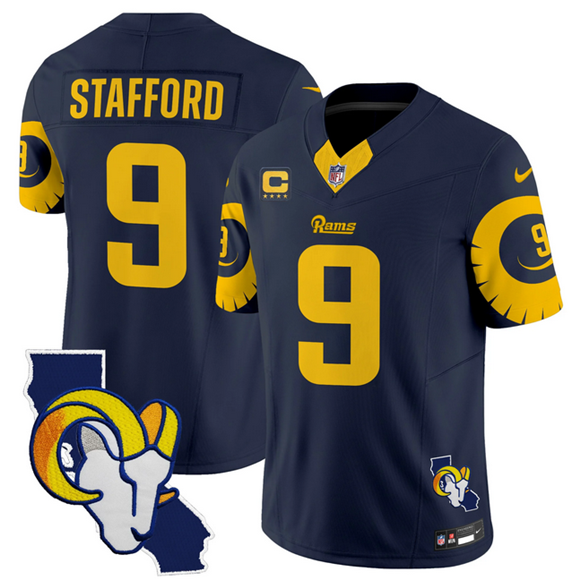 Men's Los Angeles Rams #9 Matthew Stafford Navy 2025 4-Star C Patch F.U.S.E. V2 Limited Stitched Football Jersey Men's Los Angeles Rams #9 Matthew Stafford Navy 2025 4-Star C Patch F.U.S.E. V2 Limited Stitched Football Jersey