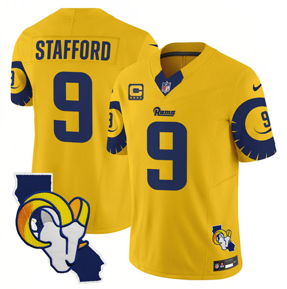 Men's Los Angeles Rams #9 Matthew Stafford Gold 2025 4-Star C Patch F.U.S.E. V2 Limited Stitched Football Jersey Men's Los Angeles Rams #9 Matthew Stafford Gold 2025 4-Star C Patch F.U.S.E. V2 Limited Stitched Football Jersey