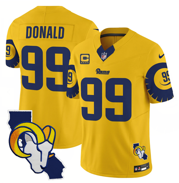 Men's Los Angeles Rams #99 Aaron Donald Gold 2025 4-Star C Patch F.U.S.E. V2 Limited Stitched Football Jersey Men's Los Angeles Rams #99 Aaron Donald Gold 2025 4-Star C Patch F.U.S.E. V2 Limited Stitched Football Jersey
