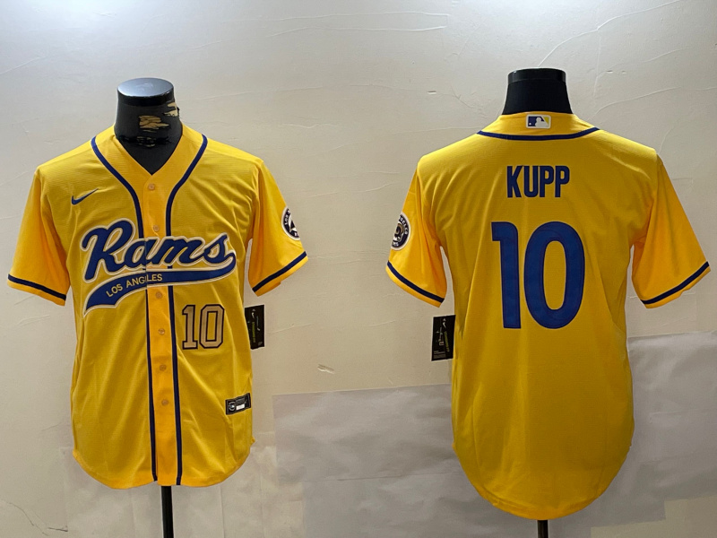 Men's Los Angeles Rams #10 Cooper Kupp yellow Cool Base Stitched Baseball Jersey 3 Men's Los Angeles Rams #10 Cooper Kupp yellow Cool Base Stitched Baseball Jersey 3