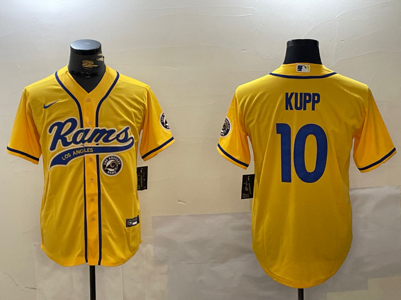 Men's Los Angeles Rams #10 Cooper Kupp yellow Cool Base Stitched Baseball Jersey 2 Men's Los Angeles Rams #10 Cooper Kupp yellow Cool Base Stitched Baseball Jersey 2