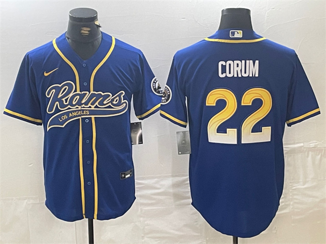 Men's Los Angeles Rams #22 Blake Corum Royal Cool Base Stitched Baseball Jersey Men's Los Angeles Rams #22 Blake Corum Royal Cool Base Stitched Baseball Jersey