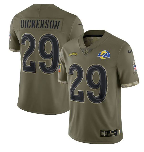 Men's Los Angeles Rams #29 Eric Dickerson Olive 2022 Salute To Service Limited Stitched Jersey Men's Los Angeles Rams #29 Eric Dickerson Olive 2022 Salute To Service Limited Stitched Jersey
