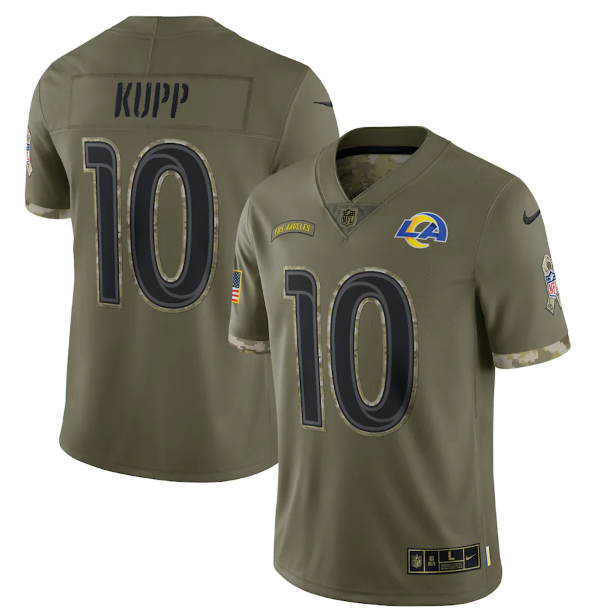 Men's Los Angeles Rams #10 Cooper Kupp Olive 2022 Salute To Service Limited Stitched Jersey Men's Los Angeles Rams #10 Cooper Kupp Olive 2022 Salute To Service Limited Stitched Jersey
