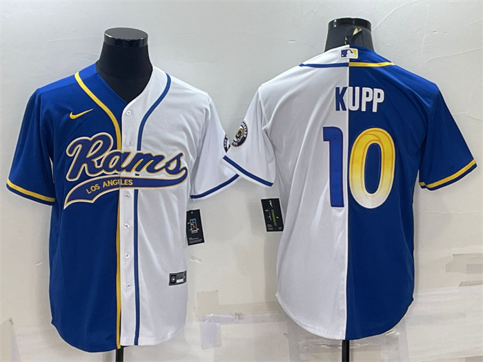 Men's Los Angeles Rams #10 Cooper Kupp Royal White Split With Patch Cool Base Stitched Baseball Jersey Men's Los Angeles Rams #10 Cooper Kupp Royal White Split With Patch Cool Base Stitched Baseball Jersey