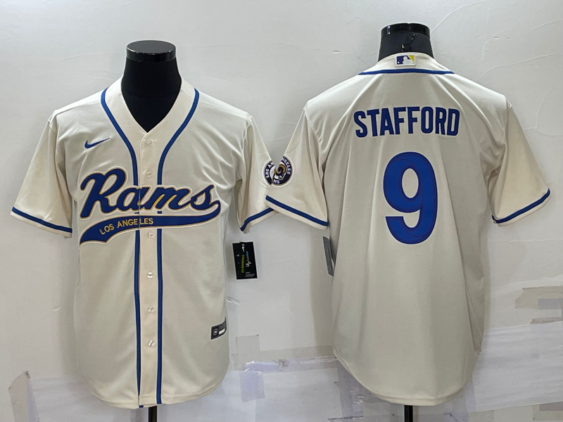 Men's Los Angeles Rams #9 Matthew Stafford Bone Cool Base Stitched Baseball Jersey Men's Los Angeles Rams #9 Matthew Stafford Bone Cool Base Stitched Baseball Jersey