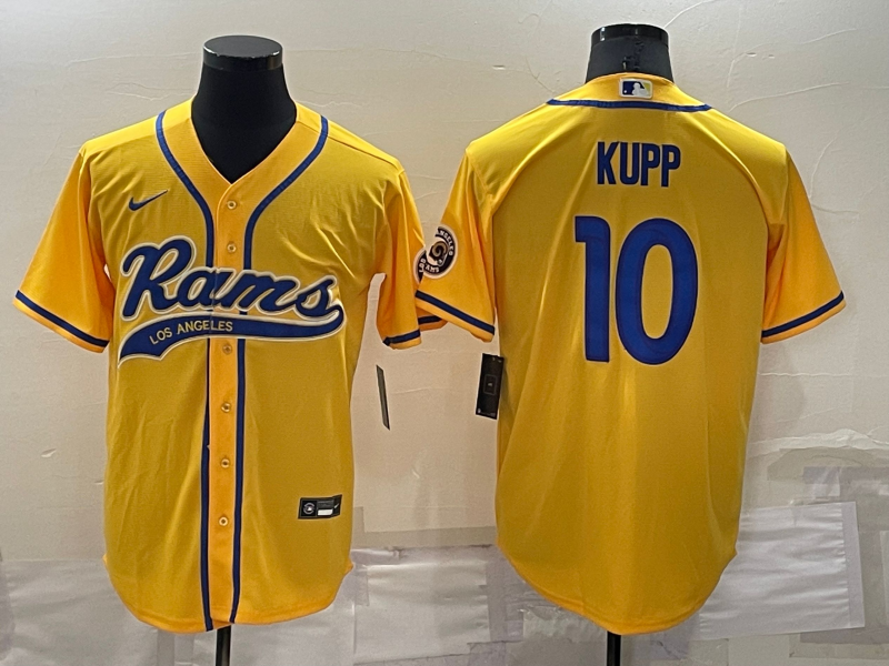 Men's Los Angeles Rams #10 Cooper Kupp Yellow Cool Base Stitched Baseball Jersey Men's Los Angeles Rams #10 Cooper Kupp Yellow Cool Base Stitched Baseball Jersey
