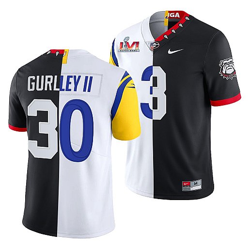 Men's Los Angeles Rams X Georgia Bulldogs #30 Todd Gurley II Black White Split Super Bowl LVI Stitched Jersey Men's Los Angeles Rams X Georgia Bulldogs #30 Todd Gurley II Black White Split Super Bowl LVI Stitched Jersey