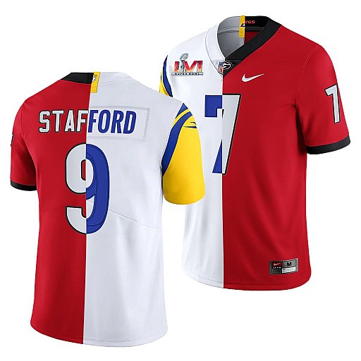 Men's Los Angeles Rams X Georgia Bulldogs #9 Matthew Stafford Red White Split Super Bowl LVI Stitched Jersey Men's Los Angeles Rams X Georgia Bulldogs #9 Matthew Stafford Red White Split Super Bowl LVI Stitched Jersey